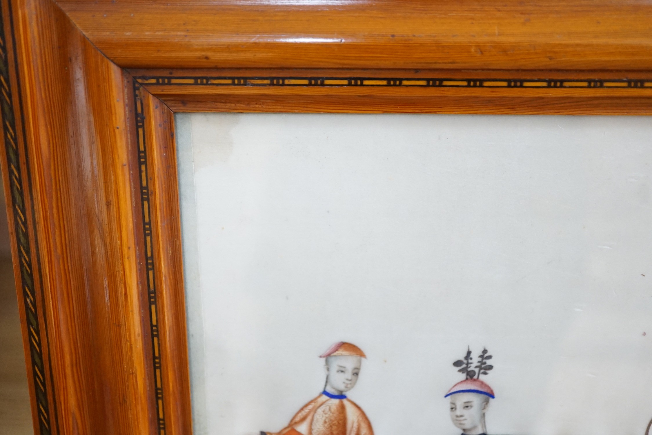 A pair of Chinese famille rose vases, possibly Republic period, and a framed figural pith painting, vases 21cms high